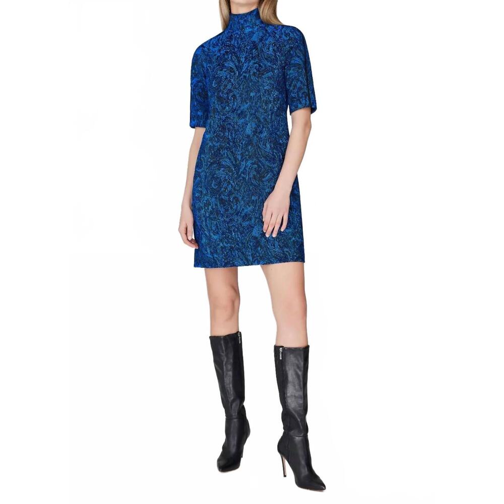 NEW MI JONG LEE paisley stretch jacquard turtleneck shift dress in blue yp